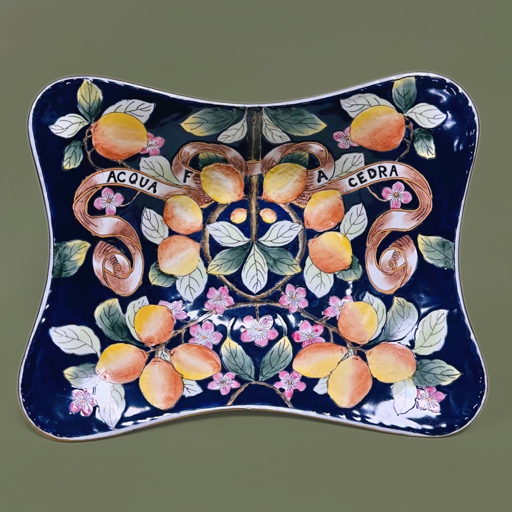Vintage Oriental Hand Painted Blue Italian Ceramic Footed Fruit Bowl